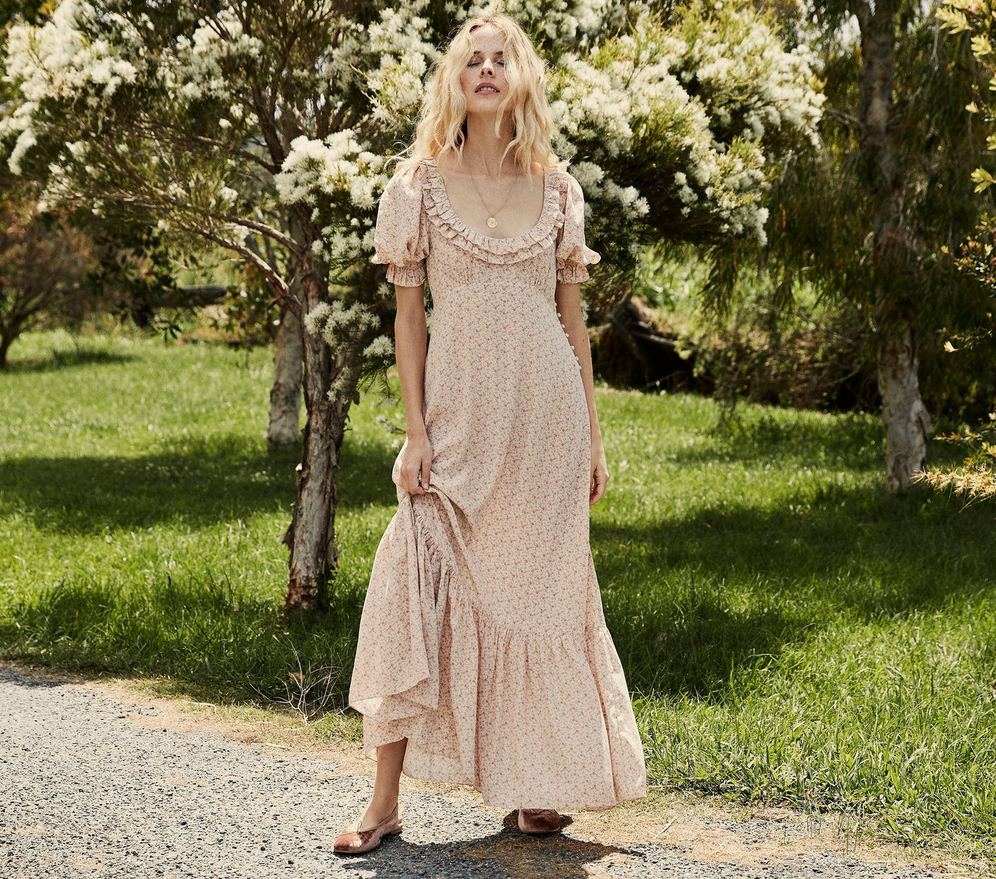 HMD -- OLIVE DRESS -- PEACH MARTHA'S GARDEN PRINT