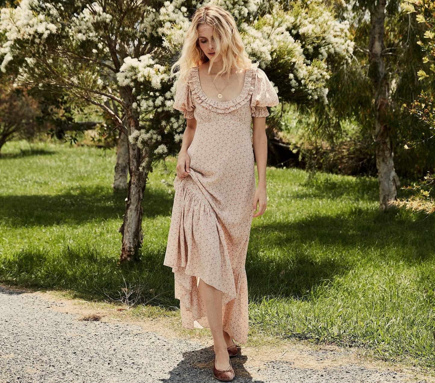 HMD -- OLIVE DRESS -- PEACH MARTHA'S GARDEN PRINT