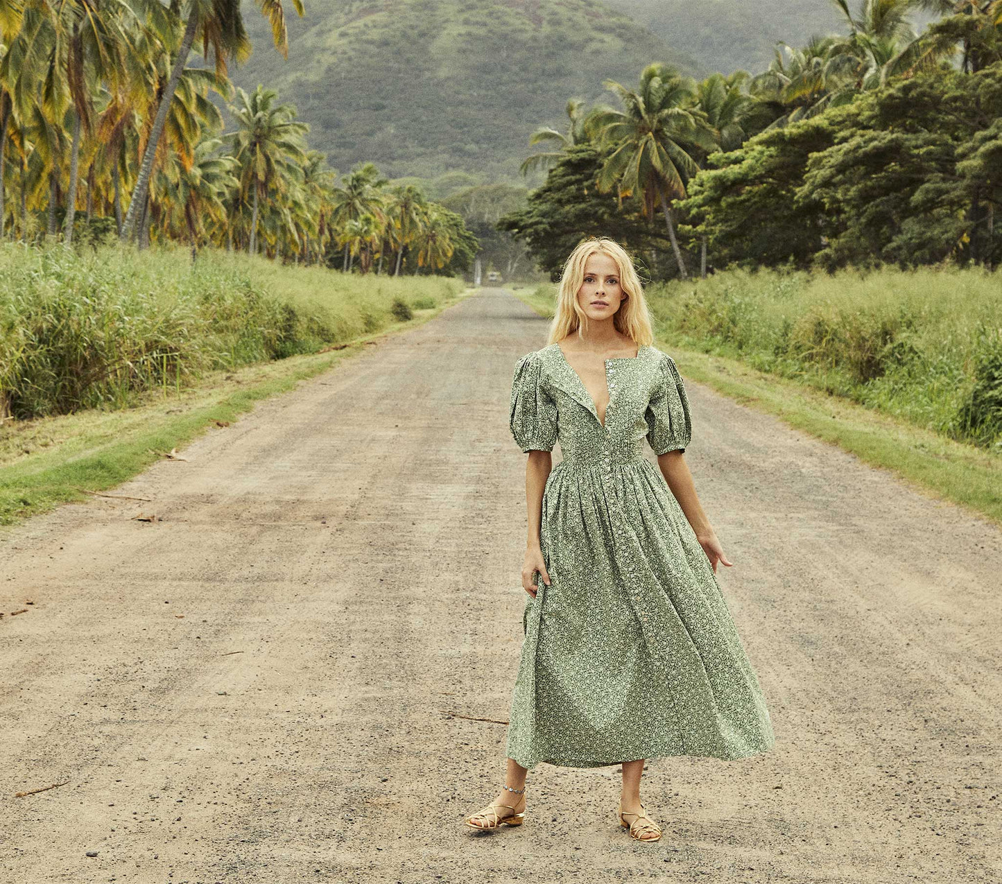HMD -- ASHEVILLE DRESS -- GREEN COTTAGE DAISY FLORAL