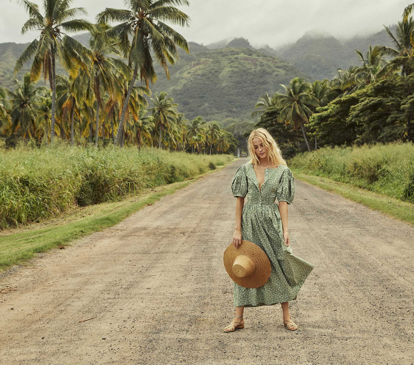 HMD -- ASHEVILLE DRESS -- GREEN COTTAGE DAISY FLORAL